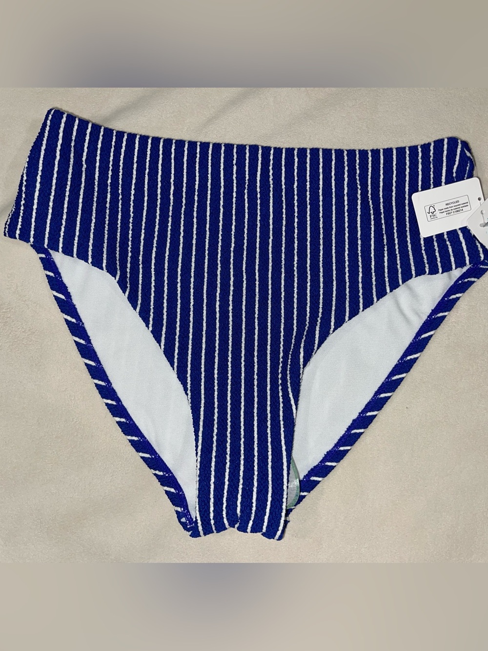 Striped High-Rise Bikini Bottom in Navy and White